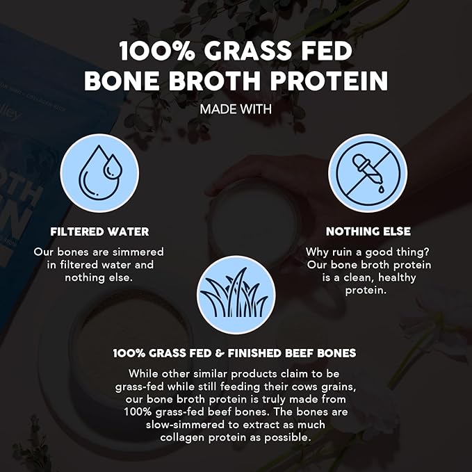 Paleovalley 100% Grass Fed Beef Bone Broth Protein Powder - Rich in Collagen Peptides for Hair Skin Gut Health Bone and Joint Support - 15g Protein Per Serving - No Gluten or GMOs