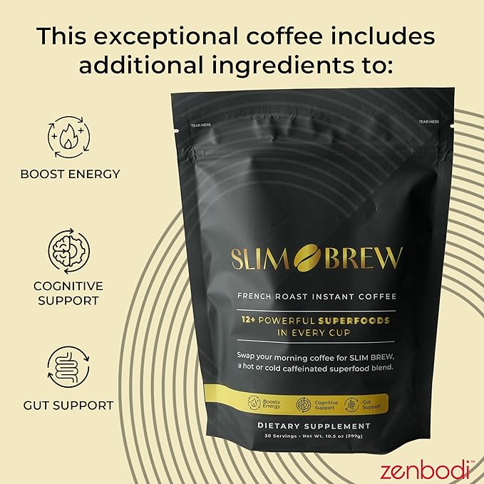 zenbodi Slim Brew French Roast Instant Coffee - 10.5 oz Superfood Coffee Dietary Supplement 12 Superfoods Including Maca Root Panax Ginseng Extract Turmeric Root Kale Leaf and More 30 Servings