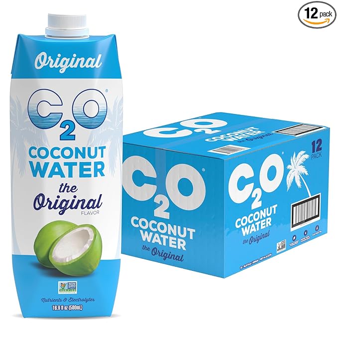 C2O - Coconut Water The Original Flavor (12 Pack) - Made with Fresh Coconut Water - Plant Based Non GMO Water - Natural Hydration Essential Electrolytes &amp Potassium - 12 Tetra Packs 16.9 FL O