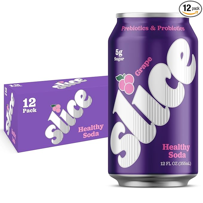 Slice Healthy Soda Grape Prebiotic &amp Probiotic Soda Pop 5g Fiber 40 calories 12 fl oz 12 Pack