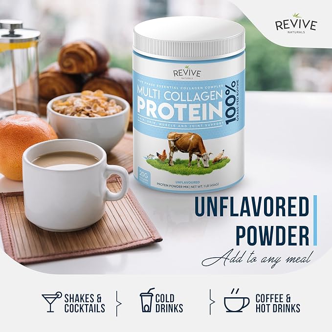 Revive Naturals Multi Collagen Hydrolyzed Protein Powder (16oz) - Types I II III V &amp X - Grass Fed Bovine Wild Caught Marine Free Roaming Chicken &amp Eggshell Collagen Peptides