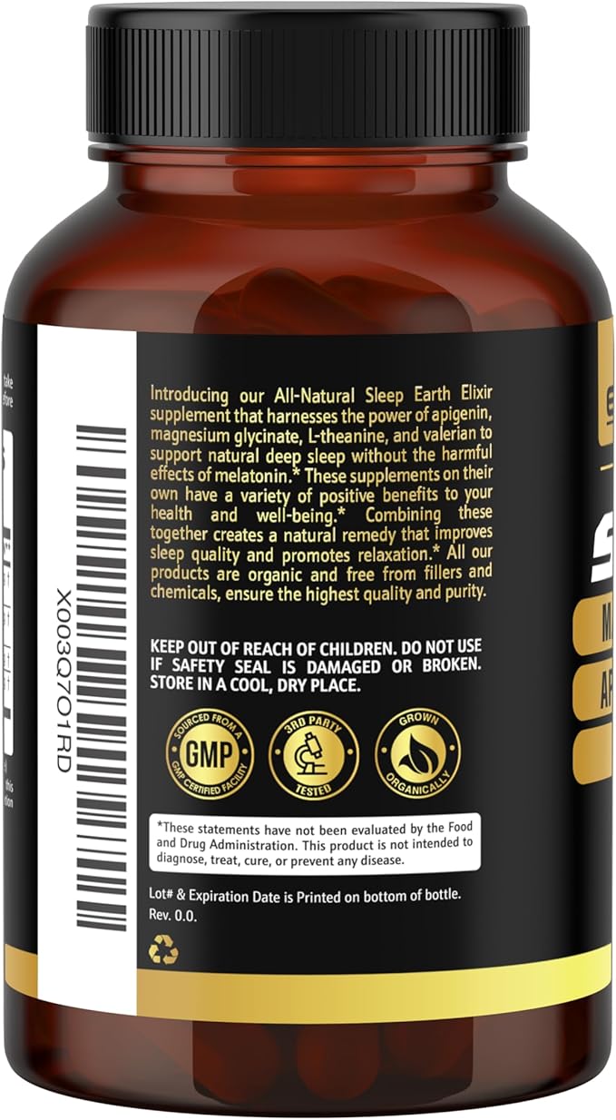Earth Elixir 4-in-1 Sleep Aid (120 Caps) w/Apigenin 50mg Magnesium Glycinate 200mg L Theanine 200mg &amp Valerian Root for Sleep Aid 300mg | Apigenin Supplement for Sleep | Sleeping Pills