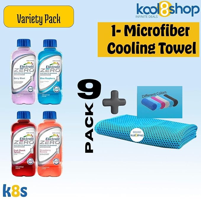 Electrolit Zero Variety Pack Hydration Drink With Electrolytes 21 fl oz Plastic Bottle 9 Pack + 1 Microfiber Cooling Towel by KOOL8SHOP Infinite Deals