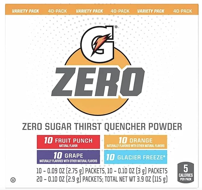 G Zero Sugar Thirst Quencher Powder (Pack Of 40) 10 Flavors Of Each (Fruit Punch Orange Grape &amp Glacier Freeze)