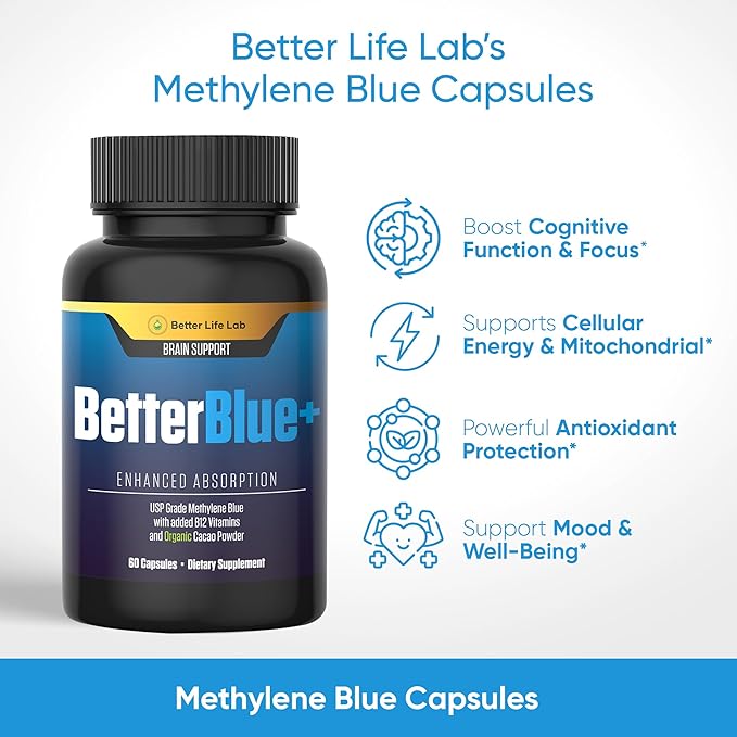 Methylene Blue Capsules 60 Count - Pharmaceutical Grade USP for Brain Energy and Cellular Health - Mental Clarity Support Supplement