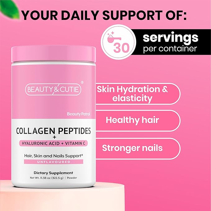 Collagen Peptides 10g with Hyaluronic Acid 120 mg and Vitamin C Powder Hair Skin and Nails Support Grass Fed Unflavored 11.38 oz