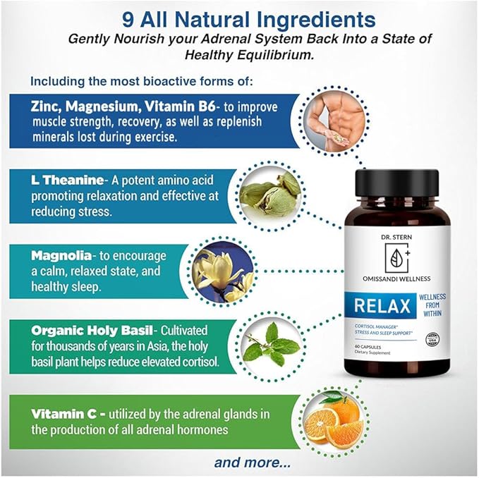 OMISSANDI-Wellness Relax Adrenal Support Supplement - Dr. Ian Stern Formulated - Manages Stress Promotes Deep Sleep Improves Mood-W/Holy Basil Zinc L-Theanine &amp More Vegan Made in USA - 60 Ca