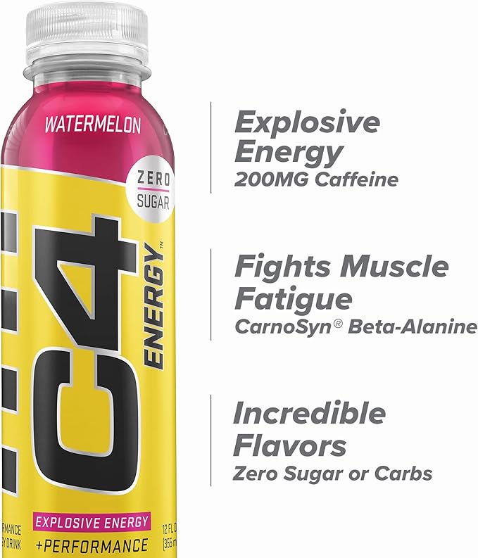 Cellucor C4 Energy Non-Carbonated Zero Sugar Energy Drink Pre Workout Drink + Beta Alanine Watermelon 12 Fl Oz (Pack of 12)