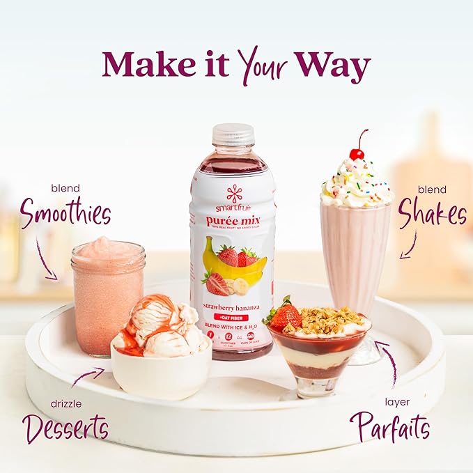 Smartfruit Strawberry Bananza + Oat Fiber – 100% Real Fruit Purée with Strawberries &amp Banana – Great for Smoothies Juice Yogurt Cocktails Teas &amp More – High in Vitamin C – 2-Pk 48oz Each