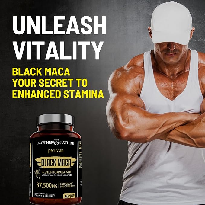 Black Maca Root 50:1 Extract 37500mg – 60 Capsules Organic Peruvian Maca Peruana Supplement for Men | High Potency Energy Mood &amp Performance Support | Vegan Non-GMO