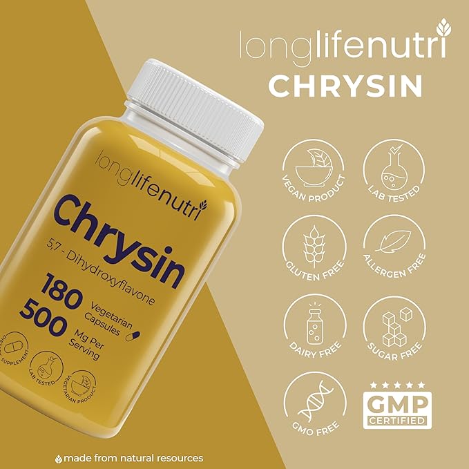 LongLifeNutri Chrysin 500mg – 180 Vegetarian Capsules from Passion Flower 5 7-Dihydroxyflavone Natural Antioxidant for Overall Wellness 6-Month Supply GMP Certified Made in USA
