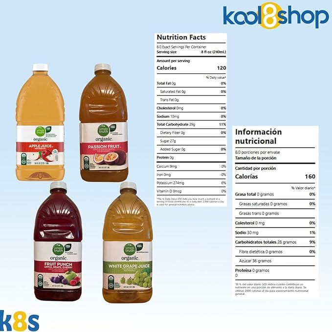 Simple Truth Organic Variety Pack Fruit Juice 64 fl oz Plastic Bottles 4 Pack + 15 Sugarcane Disposable Straws by KOOL8SHOP Infinite Deals