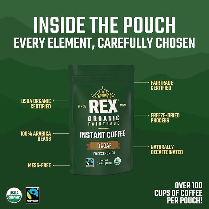 Rex Organic Fairtrade Natural Decaf Freeze-Dried Instant Coffee – Naturally Decaffeinated Arabica 7.05 oz Resealable Pouch Bag – Lab Tested for Mold &amp Mycotoxins