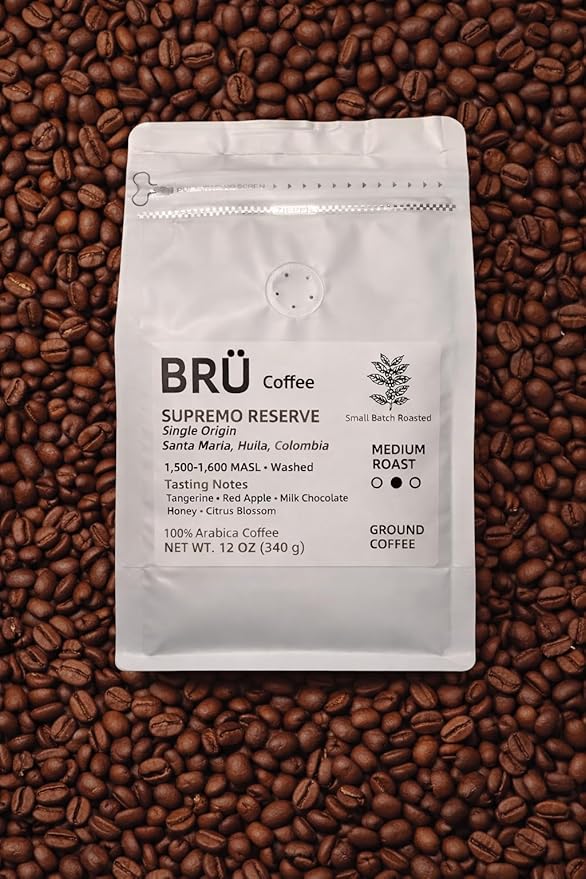 BRÜ Coffee Colombian Ground Coffee - Medium Roast - Single Origin – Huila High Elevation – 100% Arabica – Washed