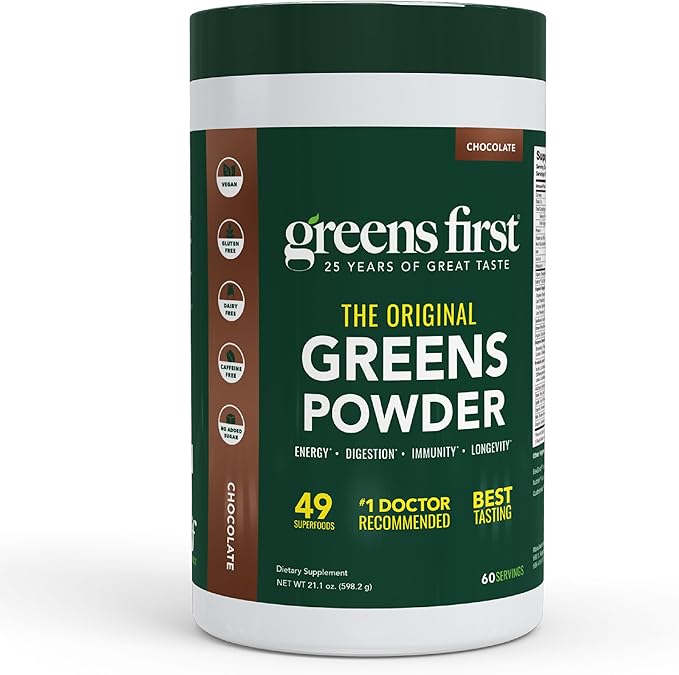 Greens First Original Greens Powder - 49 Superfoods - Organic Fruits &amp Veggies - Prebiotics Probiotics Digestive Enzymes - Antioxidant Smoothie - Dairy Free Vegan Non-GMO (Chocolate 60 Servin