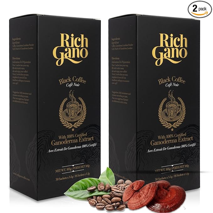 Rich Gano Reishi Mushroom Coffee – (2 Boxes of 30 Sachets) Black Coffee with Ganoderma Extract – All Natural Vegan Friendly Instant Coffee Packets – Zero Jitters Energize