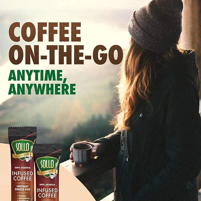Sollo Infused Instant Chaga Mushroom Coffee Sticks (24 Servings) Memory &amp Clarity Support 100% Chaga Medium-Dark Roast Arabica Freeze Dried Coffee in Single Serve Sticks.