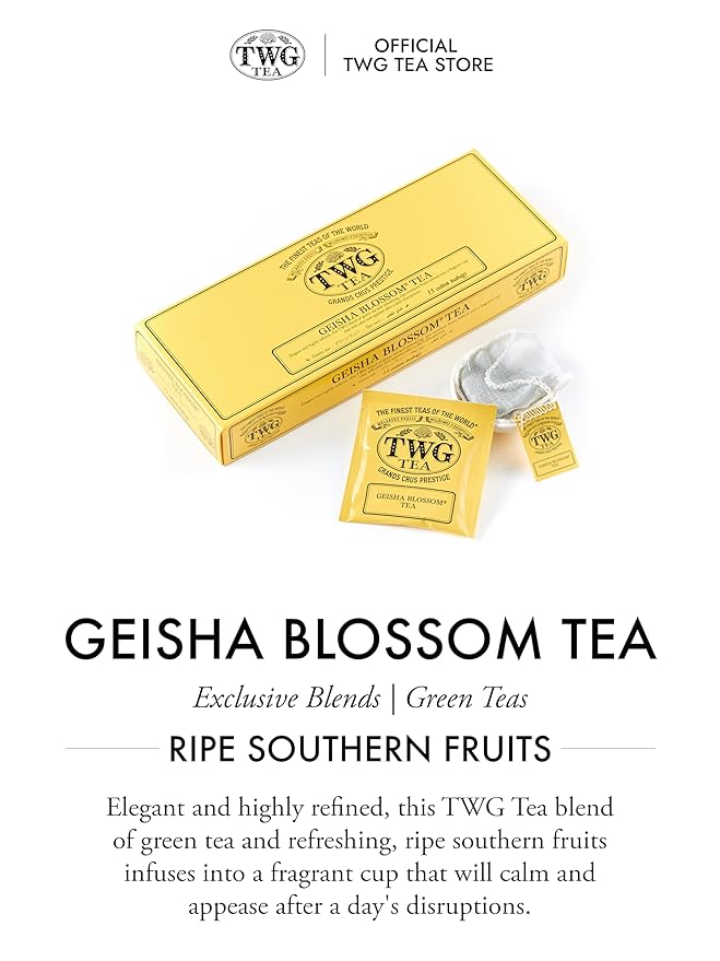 TWG Tea | Geisha Blossom Tea | Green Tea | Passionfruit &amp Marigold Petals | 15 Hand Sewn Cotton Teabags | Gift Set