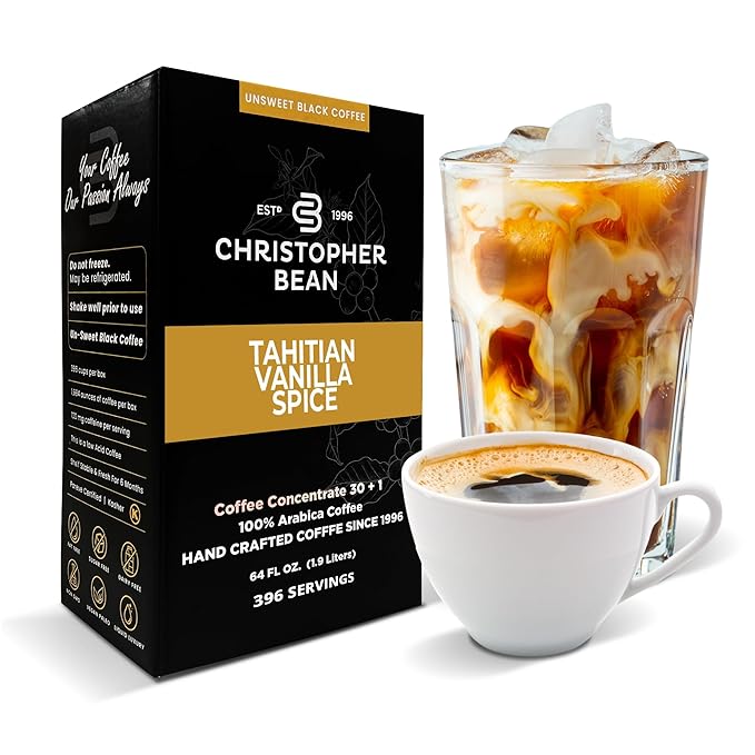 Christopher Bean Coffee - 396 servings 30 to 1 Blend Bag in Box Liquid Instant Coffee or Cold Brew Coffee Concentrate - Hot or Iced Coffee - Tahitian Vanilla Spice