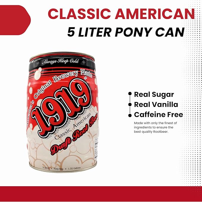 1919 Draft Root Beer Soda 5 Liter Pony Keg Caffeine-Free Real Sugar and Real Vanilla Small Batch Creamy Full Bodied Family-Founded Birthday Parties Sporting Events Made in USA