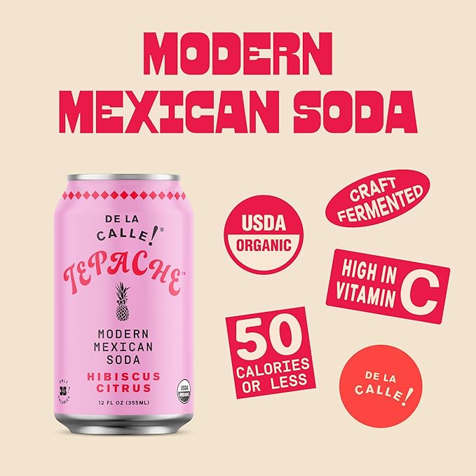 De La Calle Tepache - Hibiscus Citrus - Modern Mexican Soda - Craft Fermented Pineapple Sparkling Beverage - Certified Organic Antioxidant Rich Non-Alcoholic Healthy Soda Low Sugar Low Calorie N