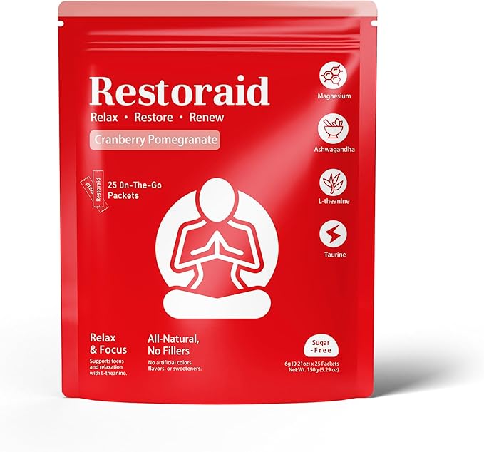 Restoraid Relaxation Drink Mix – 25 Packets | Magnesium L-Theanine Ashwagandha Taurine Glycine | Calming &amp Relaxing Supplement (Cranberry Pomegranate)