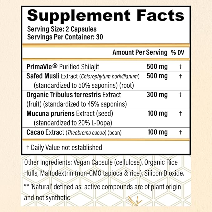 CHOQ Daily with 500mg PrimaVie Shilajit Safed Musli Tribulus - Natural Energy Libido &amp Muscle Support - Daily Supplement for Men 60 Vegan Capsules