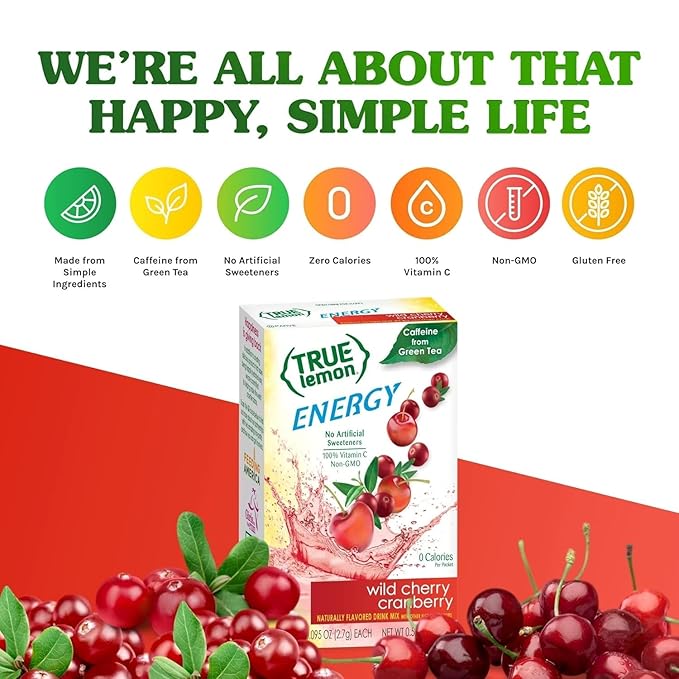 True Lemon Wild Cherry Cranberry 6ct (Pack of 12) - Energy Drink Powder Mix - Sugar Free Energy Drinks