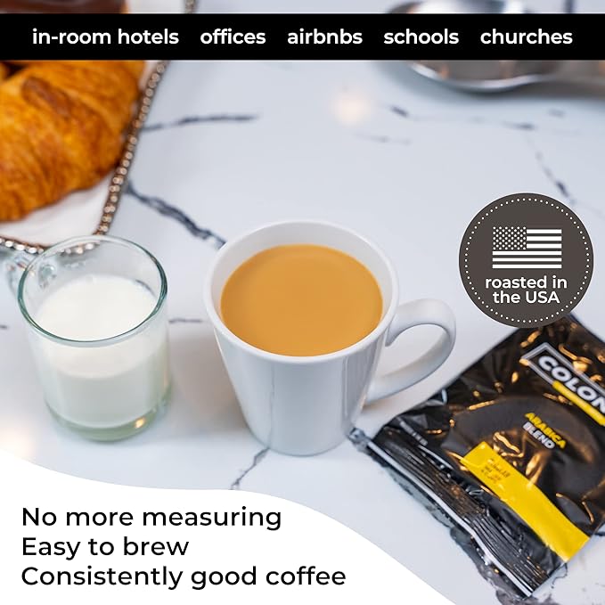 Colonial In-Room Decaf Ground Coffee Filter Packs for Hotel Rooms Decaffeinated Dark Roast 0.50 Ounce (Pack of 150) Use with 4-Cup Drip Coffee Machine