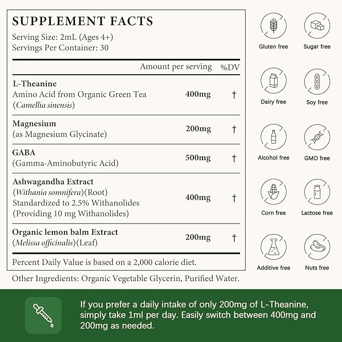 2 Pack L Theanine Drops L-Theanine Supplement 400mg for Adults &amp Kids with GABA Magnesium &amp Ashwagandha Natural Sleep Focus &amp Relaxation Support Vegan Alcohol-Free Non-GMO 4 FL OZ