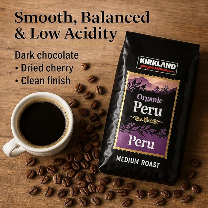 Kirkland Signature Organic Whole Bean Coffee from Peru- 2lb Whole Bean Medium Roast