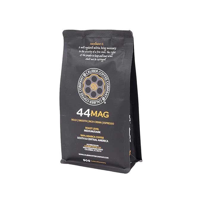 Caliber Coffee .44 Mag Ground Espresso Roast – Bold Smooth Rich Crema Flavors – 100% Artisan Roasted Arabica Coffee – Small-Batch Hand-Crafted – Veteran Owned – 12oz Bag