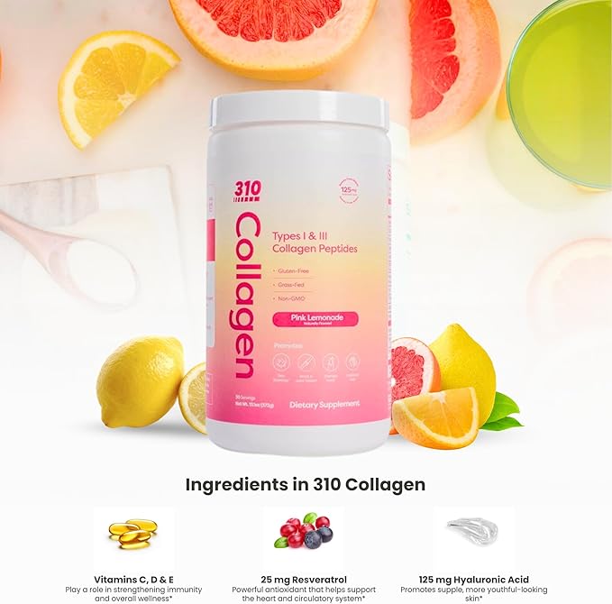 310 Nutrition Collagen Peptides for Women &amp Men - Hydrolyzed Grass-Fed Collagen with Hyaluronic Acid Resveratrol Vitamin C D E - Skin Hair Nail Joint Support - Pink Lemonade 30 Servings
