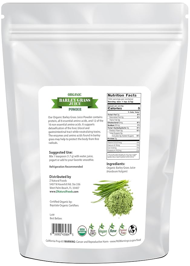 Z Natural Foods Organic Barley Grass Juice Powder - Made in USA USDA Organic Nutrient-Dense Green Drink Mix for Energy Detox with Amino Acids - Antioxidant Juice Blend for Water Smoothies 5 lbs