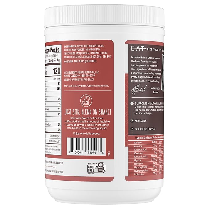 Primal Kitchen Hazelnut Collagen Creamer Powder Collagen Peptide Drink Mix with MCT Oil10.34 Ounces