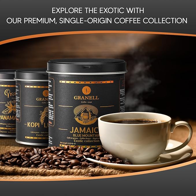 Cafés Granell Kopi Luwak Jamaica Blue Mountain &amp Panama Geisha Coffee 3 Pack Gift Set | Exotic Collection Fresh Whole Beans Quality Controlled 100% Arabica Coffee-Premium Medium Roast 3.53oz ea.