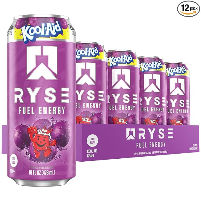 RYSE Fuel Energy Drink - Kool-Aid Grape - Sugar Free Gluten Free &amp Vegan - 200mg Natural Caffeine Taurine &amp Choline for Focus &amp Energy - No Artificial Colors - 16 fl oz Cans (12-Pack)