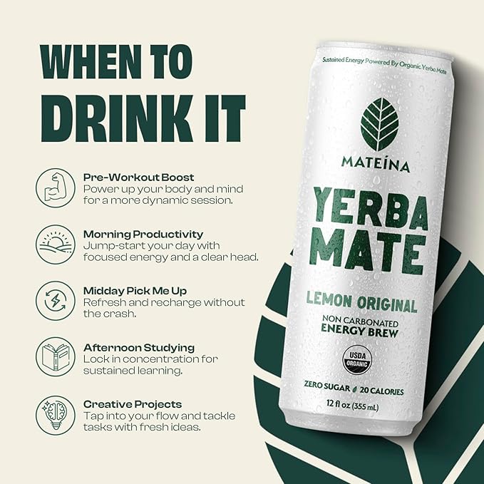 Mateina Yerba Mate Zero Sugar Energy Drink – 120mg Natural Caffeine – Organic Non-GMO Non-Carbonated – Dr. Andrew Huberman Recommended – (12 fl oz Cans 12 Pack) Lemon Original