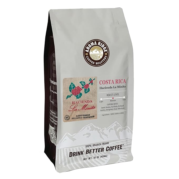 Tarrazu Costa Rica La Minita FaciendaWhole Bean Coffee by Aroma Ridge | 16oz Medium Roast Gourmet Coffee Beans | Full Bodied Roasted Coffee Beans With a Nutty-Sweet Aftertaste