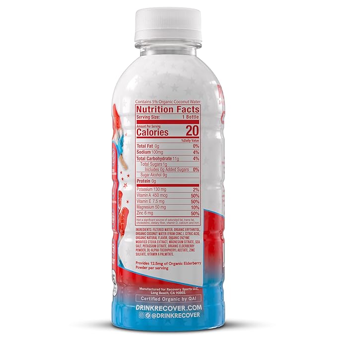 RECOVER 180 Organic Sports Hydration Drink No Sugar Added 20 Calorie Sports Beverage Organic Flavors With Vitamins Potassium-Packed Electrolytes (16.9 Fl Oz (Pack of 12) Rocket Pop)