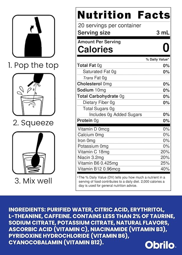 Obrilo Performance Energy Dye Free Water Enhancer - L-Theanine + Taurine + Vitamin Complex + Ginseng + Guarana Seed 2.0 Fl. Oz. x 5 Bottles (Peach Pulse)