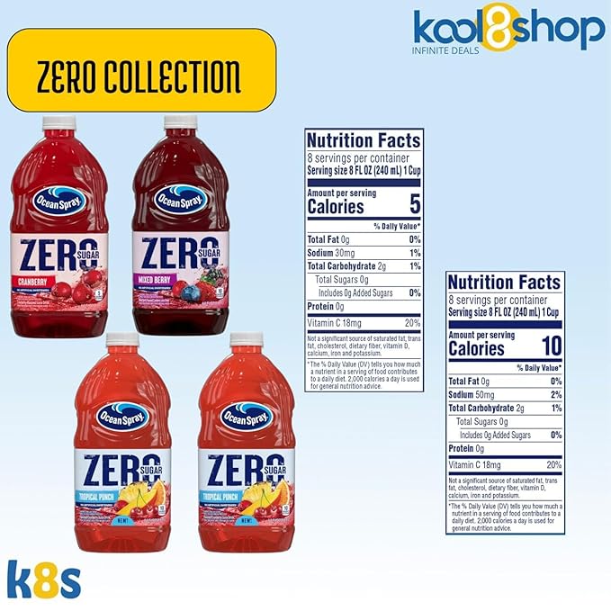 Ocean Spray Zero Sugar Zero Collection Fruit Juice Drink 64 fl oz 4 Pack + 15 Sugarcane Disposable Straws by KOOL8SHOP Infinite Deals