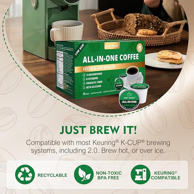 Mushroom Coffee K Cup Low Acid - Single Origin – Focus &amp Gut-Health with 14-Mushrooms Vitamins L-Theanine and Alpha GPC Single Serve Pods - No Crash or Jitters 16 Count