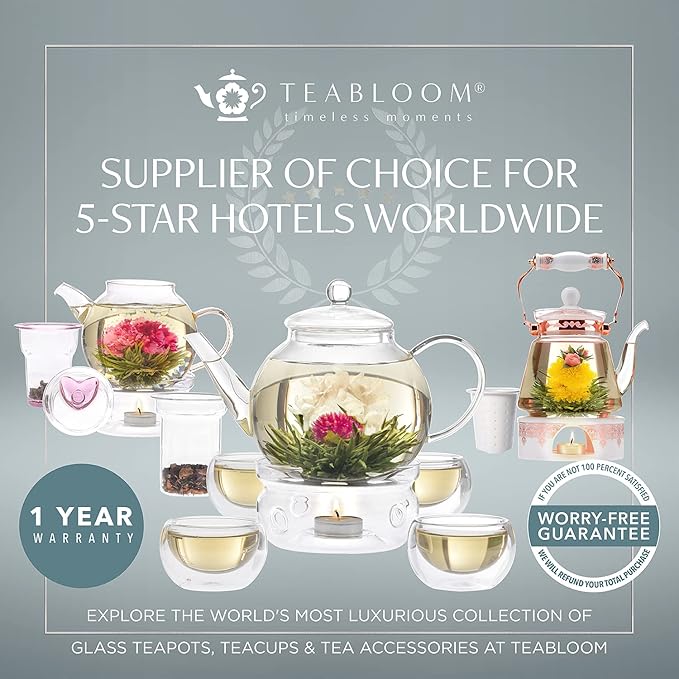 Teabloom One-Touch Tea Maker 2-in-1 Teapot and Kettle with Stainless Steel Filter Lid for Loose Tea – Stain-Free Borosilicate Glass Teapot (27 Oz) – Tea Connoisseur's Choice