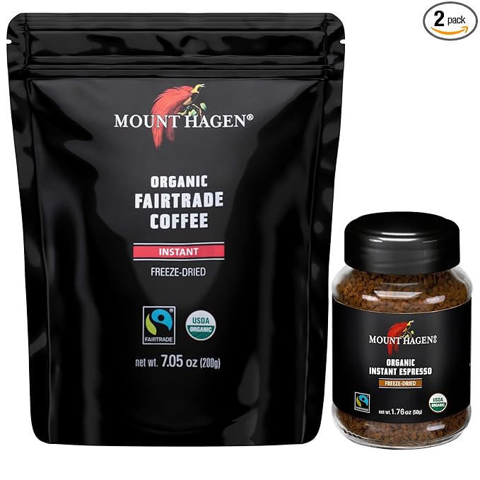 Mount Hagen Organic Freeze Dried Instant Coffee 7.05oz and Instant Espresso Ground Coffee 1.76oz Bundle
