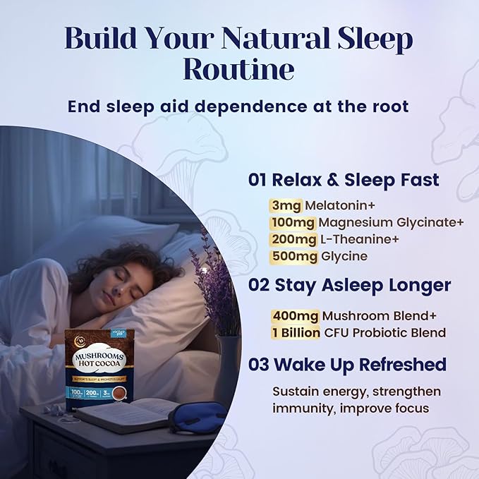 Venture Pal Mushroom Hot Cocoa Powder with Magnesium Glycinate L-Theanine &amp Reishi to Calm &amp Relax Natural Sleep Aids for Adults Melatonin 3mg Unsweetened Hot Chocolate for Deep Sleep 30 S