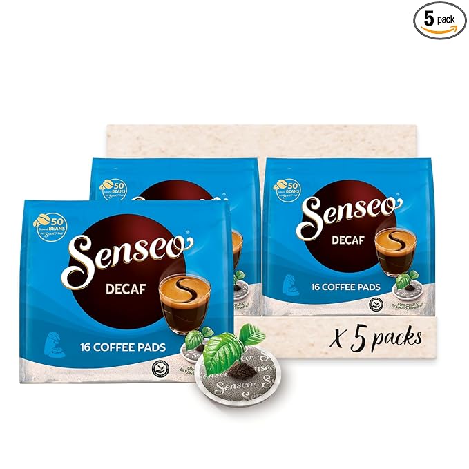Senseo Decaf Coffee Pods 16 Count (Pack of 5) - Single Serve Coffee Pods Bulk Pack for Senseo Coffee Machine - Compostable Coffee Pods for Hot or Iced Decaffeinated Coffee Cold Brew Coffee
