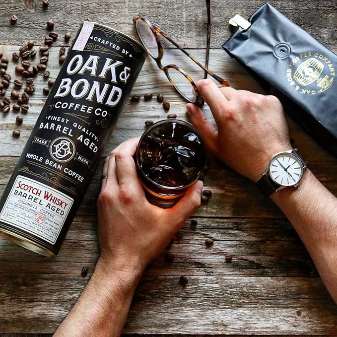 Scotch Whisky Barrel Aged Coffee Colombia Single Origin Washed Whole Coffee Bean Medium Roast w/Flavor Notes of Milk Chocolate Raspberry Honey Silky Scotch by Oak &amp Bond Coffee Co. – 10oz.