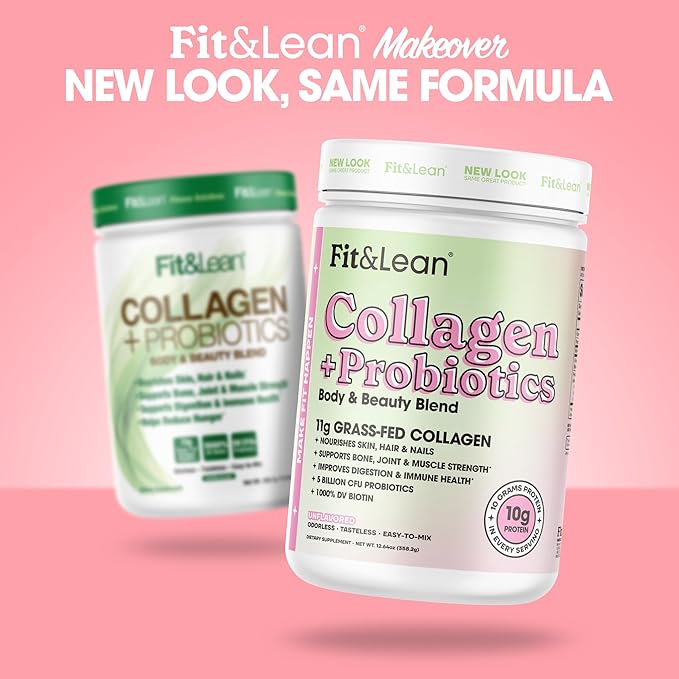 Fit &amp Lean Collagen + Probiotics- Grass-fed Collagen Peptide Powder Unflavored 12.64oz