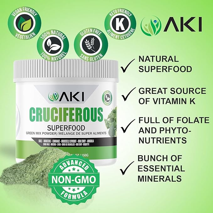 AKI Cruciferous Superfood Green Mix Powder - Made from Kale Broccoli Brussels Sprouts Cabbage - Packed with Essential Phytonutrients &amp Vitamins ((5.3oz/150g))